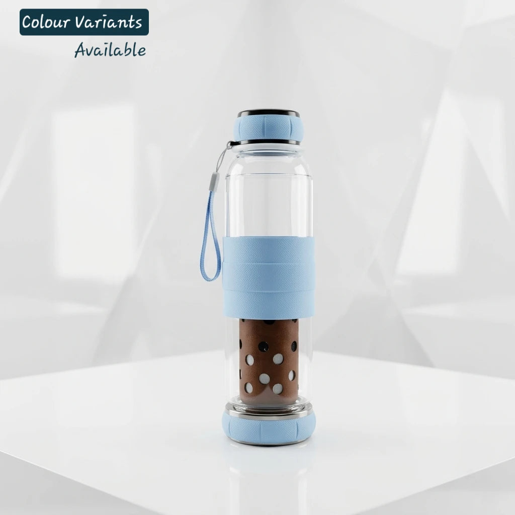 Blue BPA Free Glass Water Bottle with Copper Filter 300ml for Summer Hydration and Gym