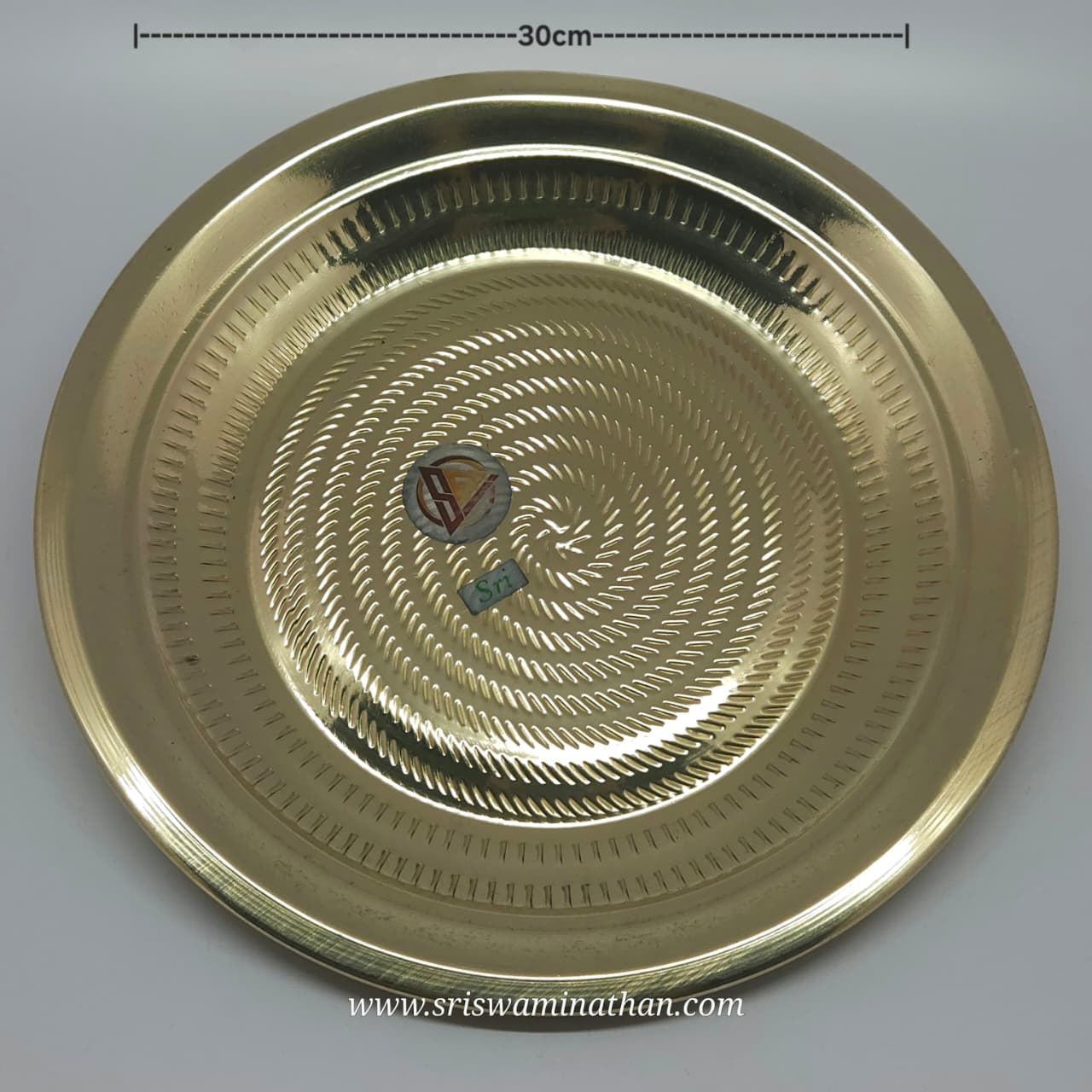 Polished 12-inch brass Thambalam plate with engraved design for pooja and offerings