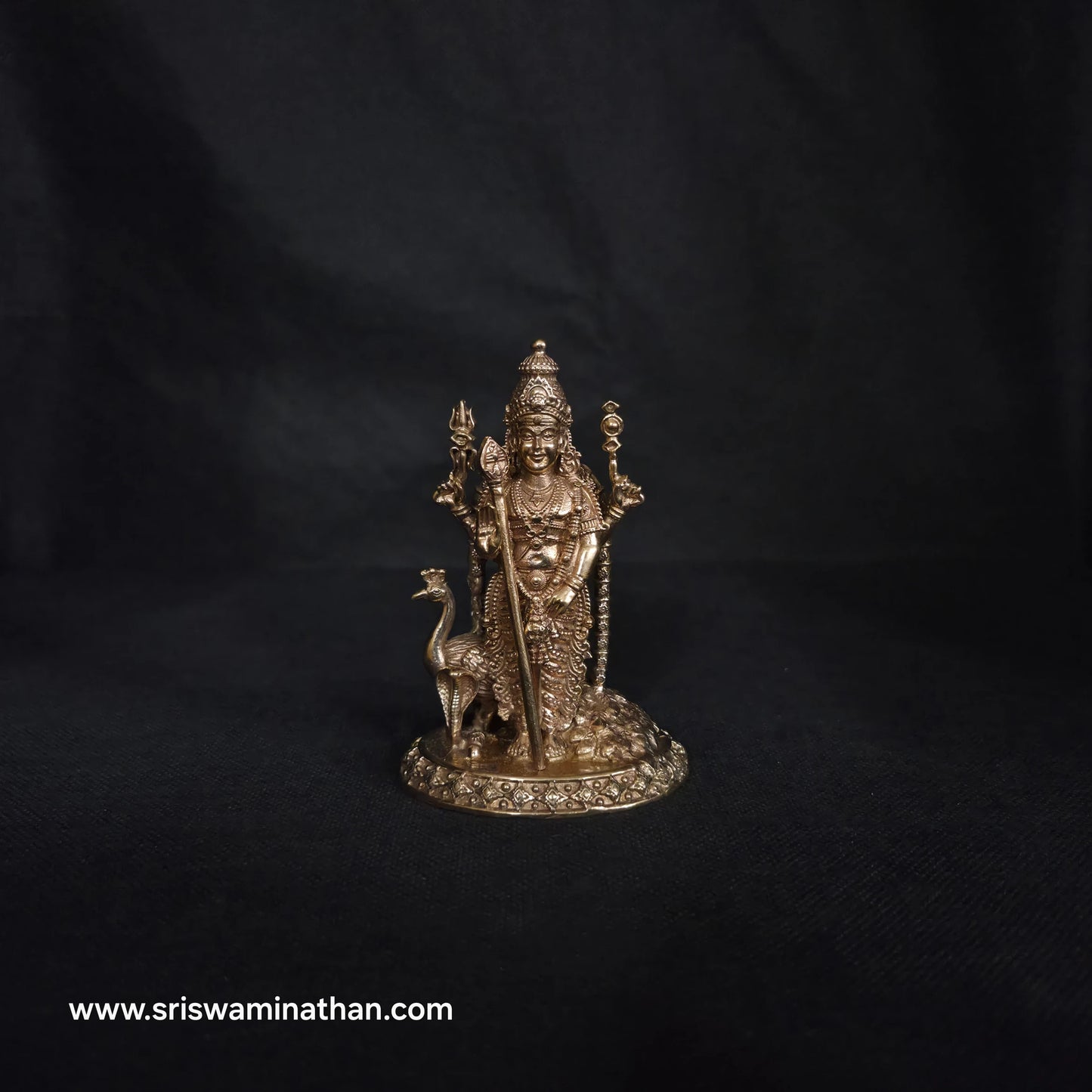 Alt: Murugan Panchaloha Statue 4 Inch front view — Prasanna Murugan with Peacock Vahana, handcrafted in Kumbakonam by Sri Swaminathan & Co