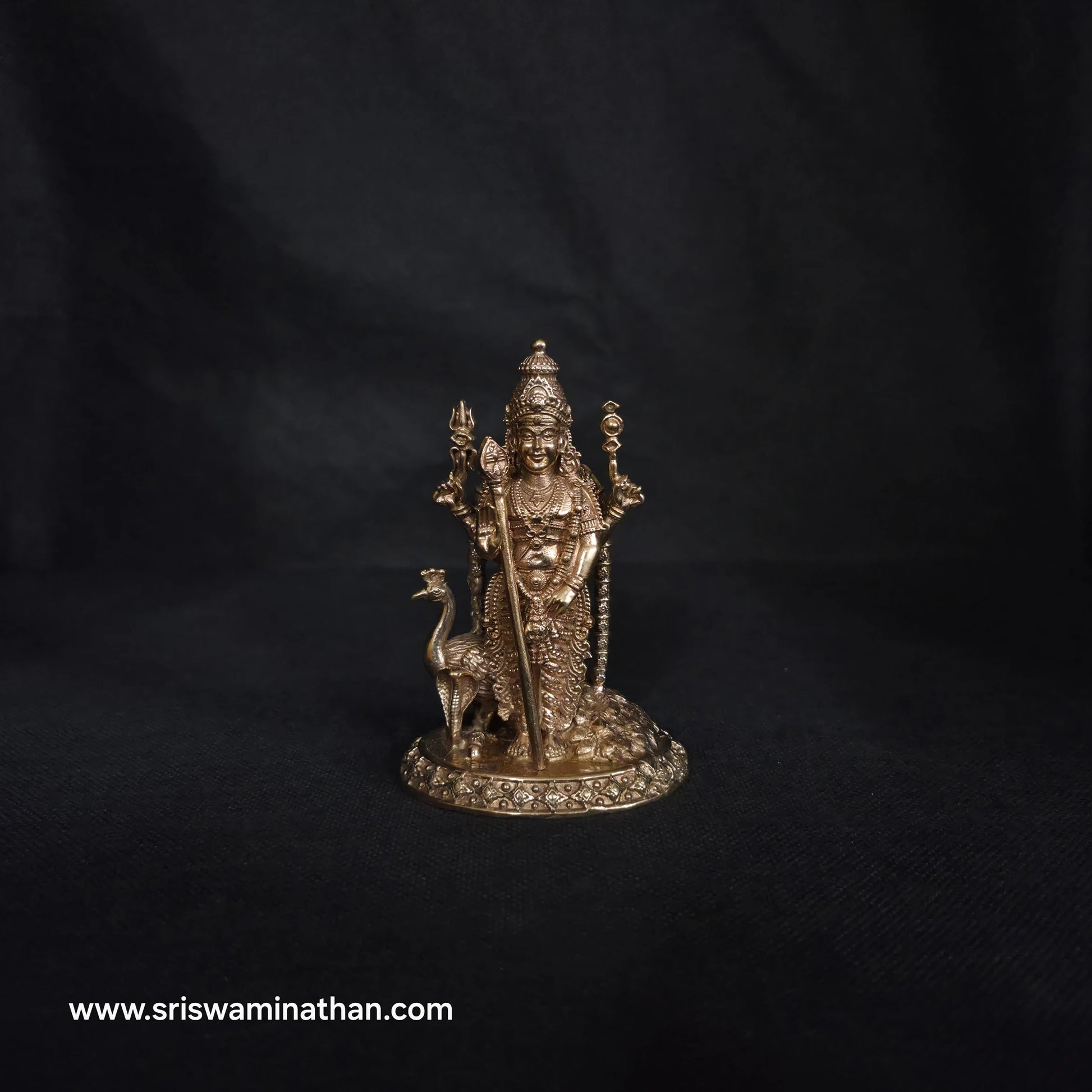 Alt: Murugan Panchaloha Statue 4 Inch front view — Prasanna Murugan with Peacock Vahana, handcrafted in Kumbakonam by Sri Swaminathan & Co
