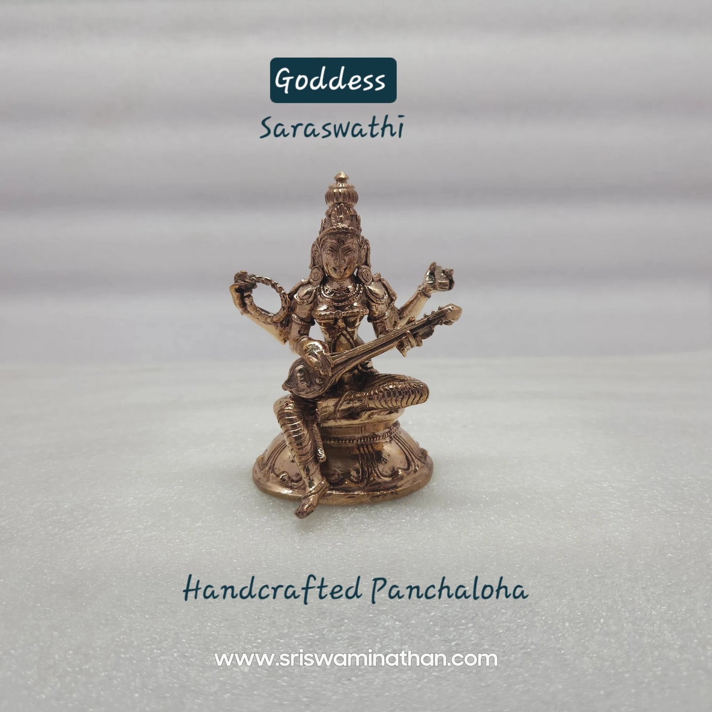 Saraswati Panchaloha Statue 3.5 Inch front view — Veena Vani Lalitasana on lotus throne, handcrafted in Kumbakonam by Sri Swaminathan & Co
