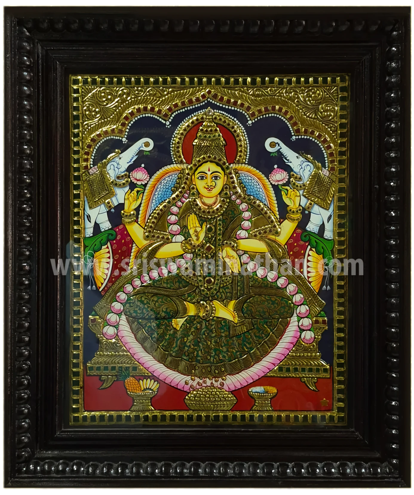 Gajalakshmi Tanjore Painting | Classical Tanjore Art | Green Saree | 15 x 12 Inch | Handmade | Sri Swaminathan & Co