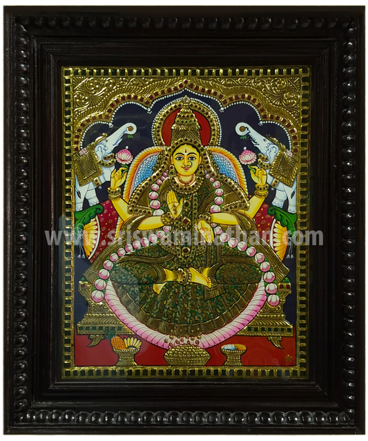 Gajalakshmi Tanjore Painting | Classical Tanjore Art | Green Saree | 15 x 12 Inch | Handmade | Sri Swaminathan & Co