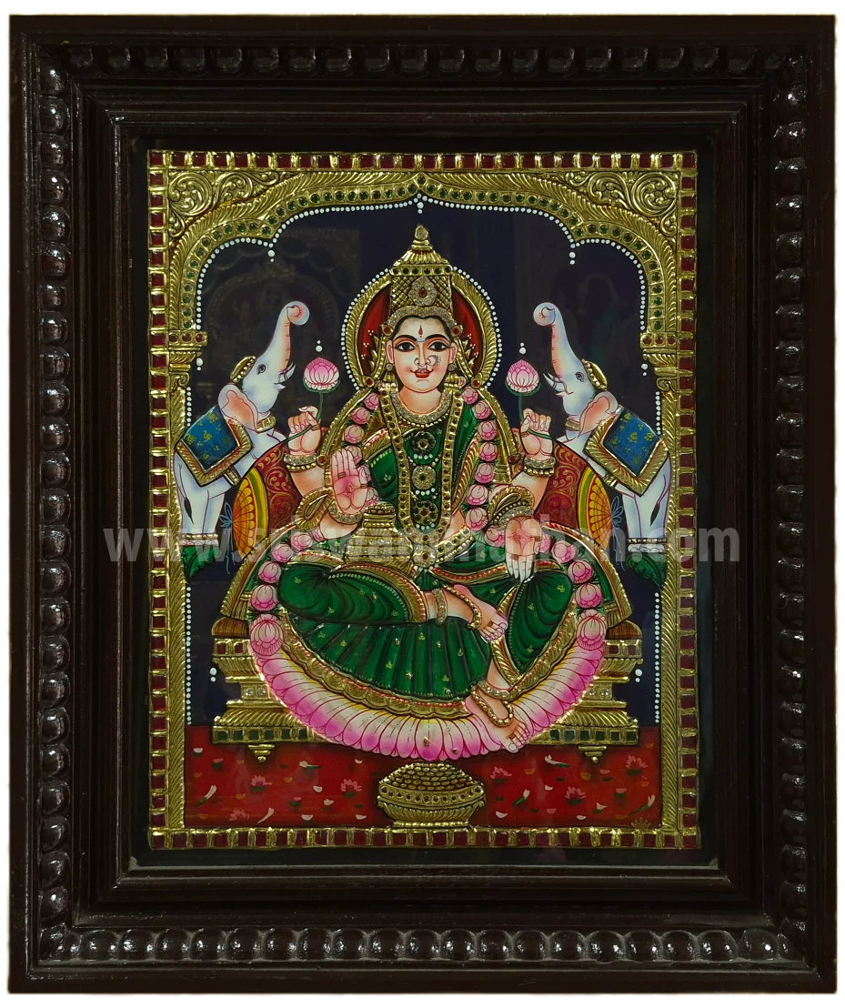 Gajalakshmi Tanjore Painting | Green Saree | 22K Gold Foil | Royal Elephants | 15 x 12 Inch | Sri Swaminathan & Co