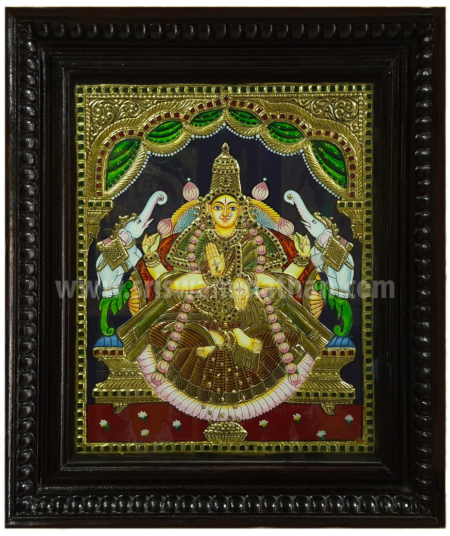 Gajalakshmi Tanjore Painting | Red Saree | 22K Gold Foil | Banana Leaf Canopy | 15 x 12 Inch | Sri Swaminathan & Co