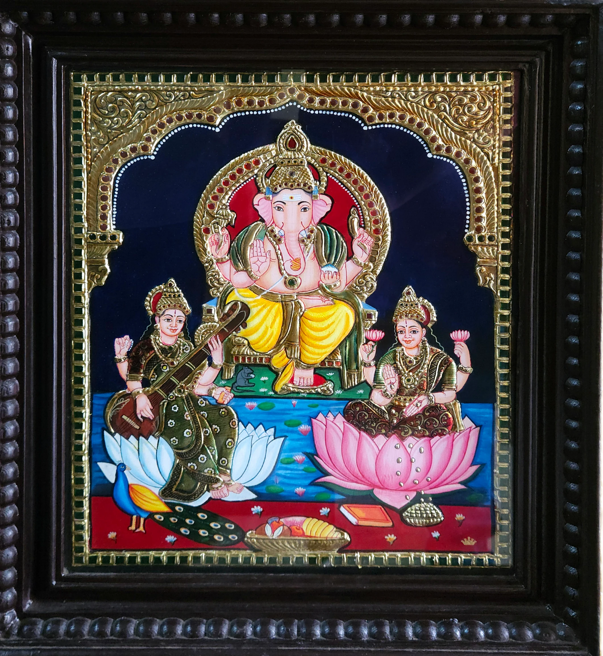 Ganesha Lakshmi Saraswathi Tanjore Painting | 22K Gold Foil | Divine Trinity | 15 x 12 Inch | Sri Swaminathan & Co