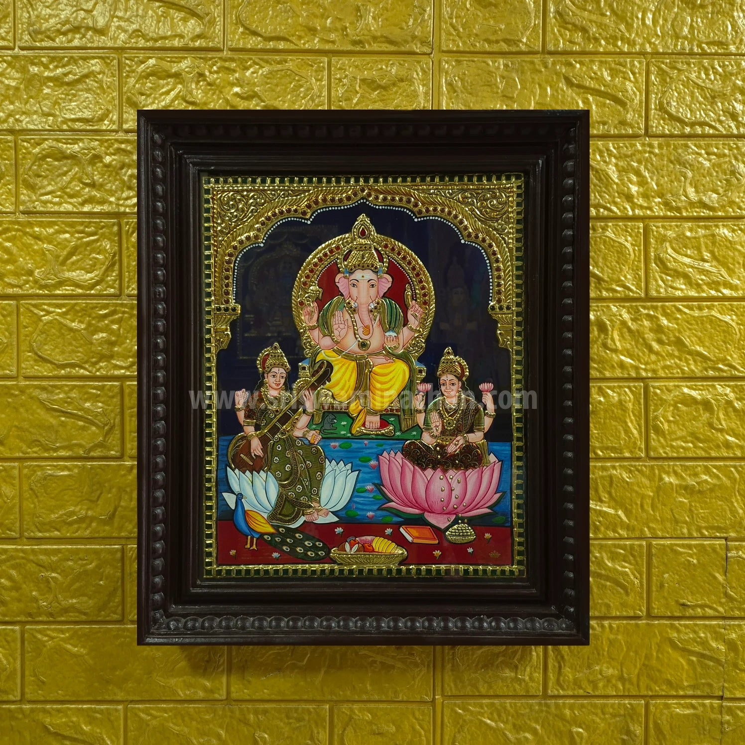 Ganesha Lakshmi Saraswathi Tanjore Painting | 22K Gold Foil | Framed on Wall | 15 x 12 Inch | Sri Swaminathan & Co