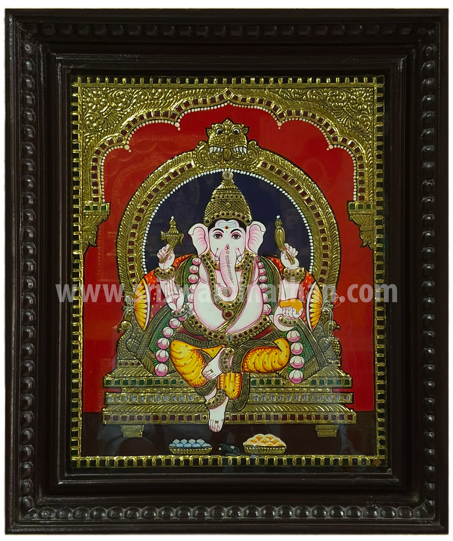 Ganesha Tanjore Painting | Lord Ganesha on Throne | Classical Tanjore Art | 15 x 12 Inch | Sri Swaminathan & Co