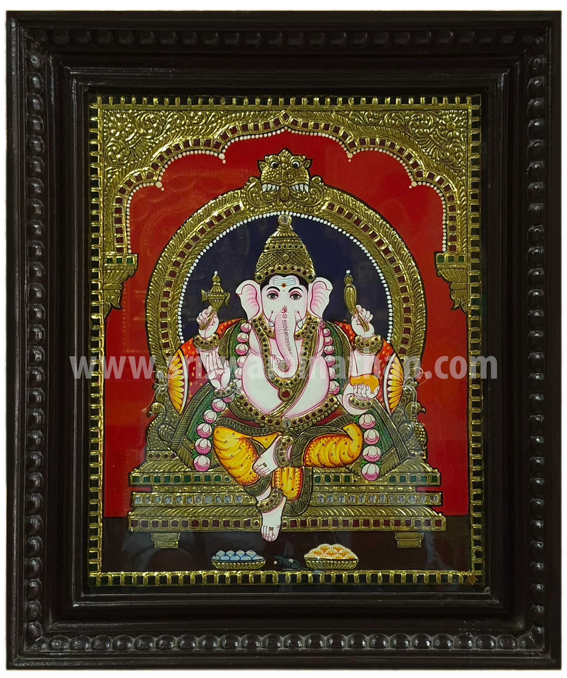 Ganesha Tanjore Painting | Lord Ganesha on Throne | Classical Tanjore Art | 15 x 12 Inch | Sri Swaminathan & Co
