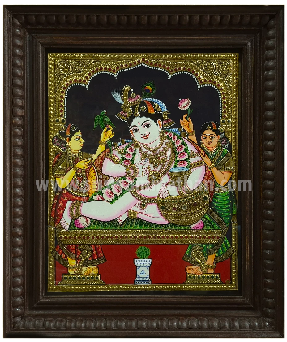 Gokula Krishna Tanjore Painting | Bala Krishna with Gopis | Classical Tanjore Art | 15 x 12 Inch | Sri Swaminathan & Co