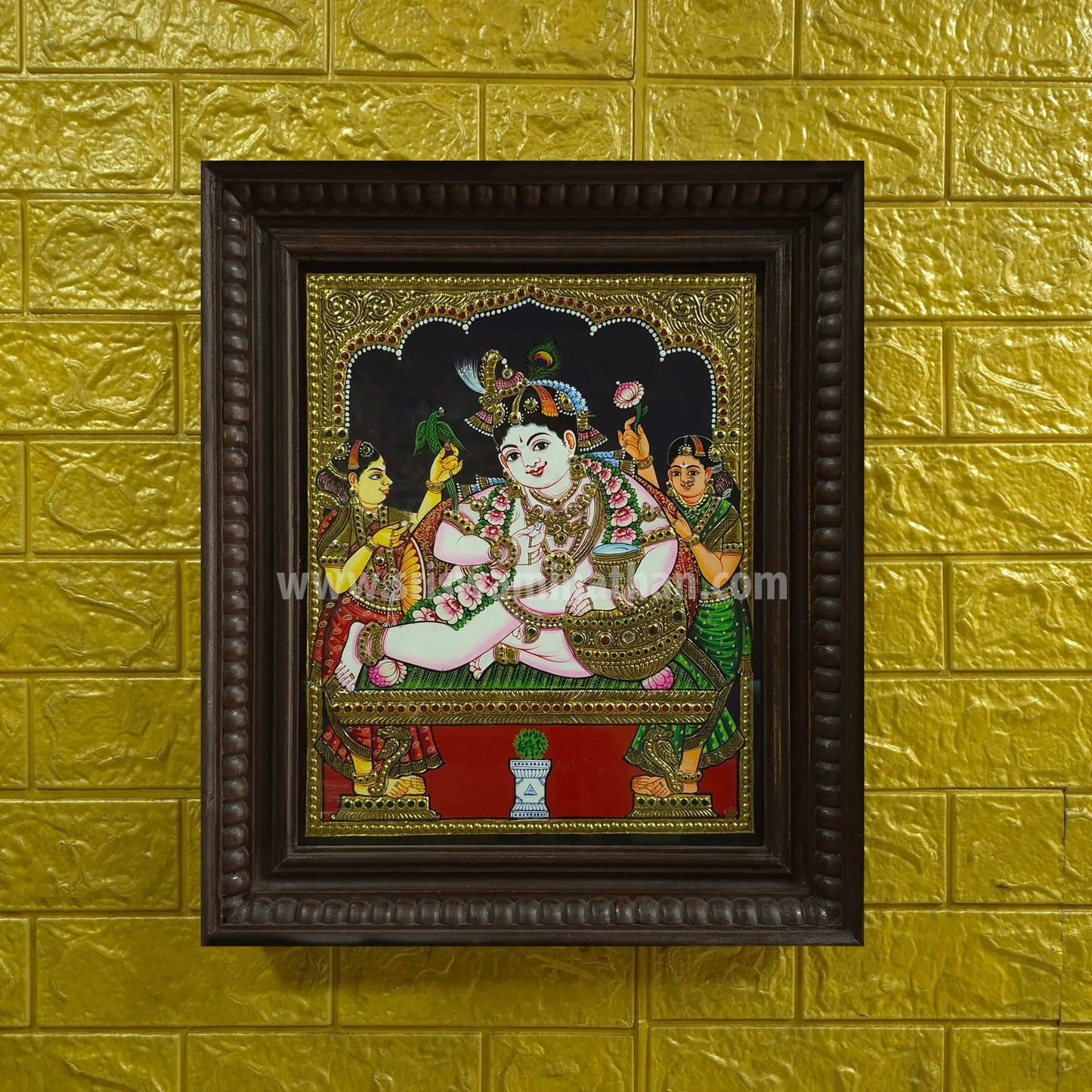 Gokula Krishna Tanjore Painting | Classical Tanjore Art | Framed on Wall | 15 x 12 Inch | Sri Swaminathan & Co