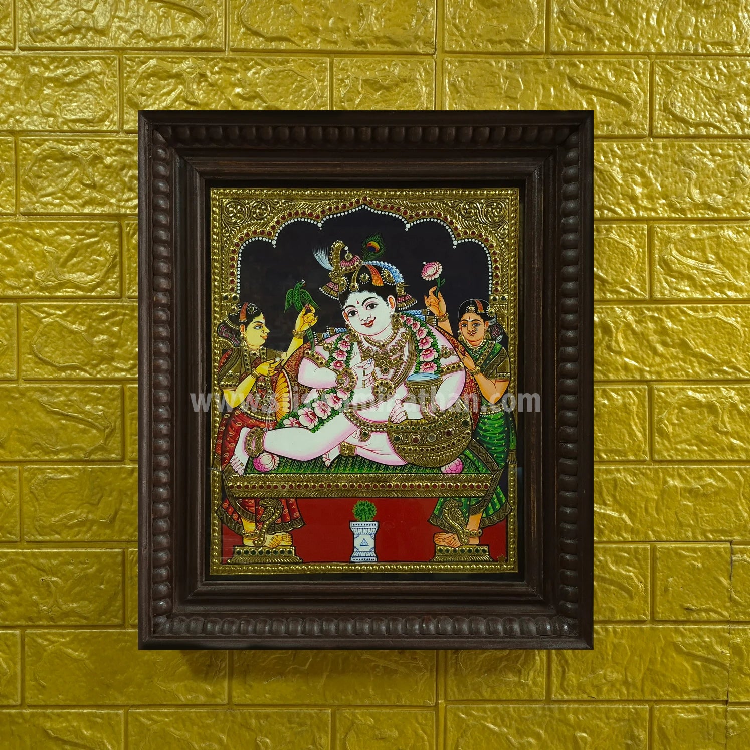 Gokula Krishna Tanjore Painting | Classical Tanjore Art | Framed on Wall | 15 x 12 Inch | Sri Swaminathan & Co