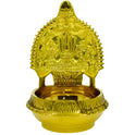 A traditional brass oil lamp with intricate designs, featuring symbols from Lord Vishnu's divine symbols and the Kubera Vilakku.