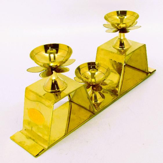Brass Triple Pyali Diya with Lotus Petal Base 3 – Spiritual Lighting for Pooja, Home Decor, and Meditation