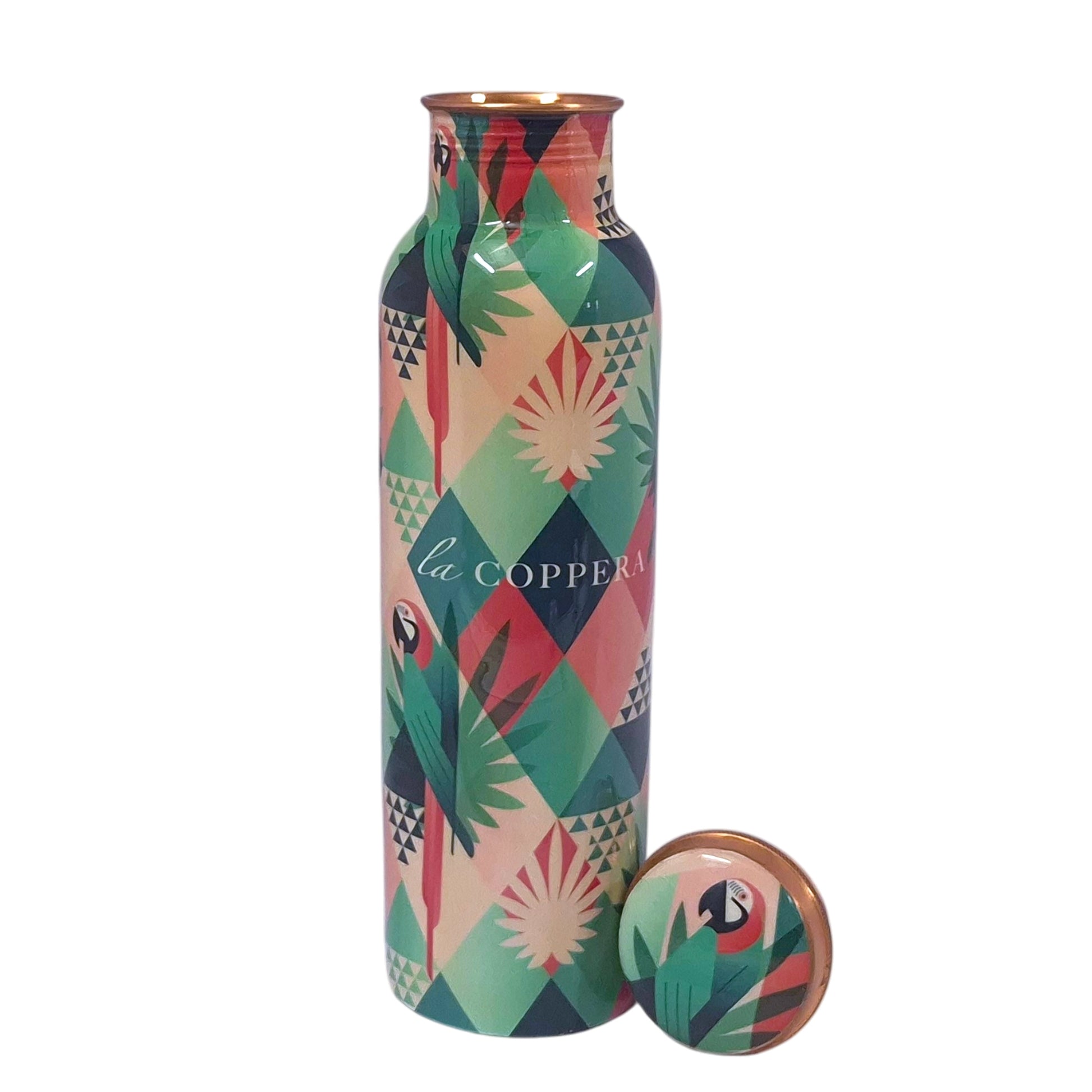 La Coppera Tropical Carnival Copper Bottle – Vibrant Parrot Print for School & College Bags