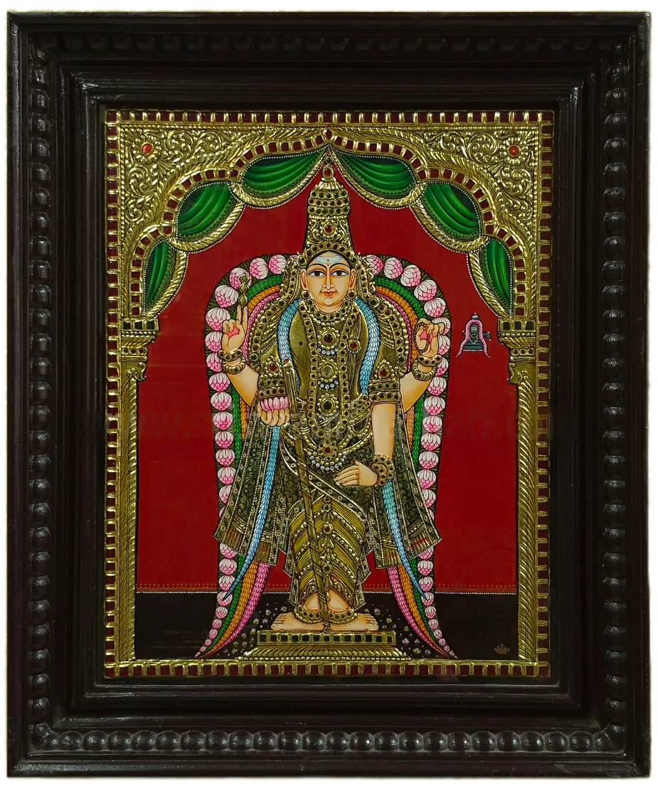 Lord Murugan Tanjore Painting | 22K Gold Foil | Standing Alankara Form | 15 x 12 Inch | Sri Swaminathan & Co