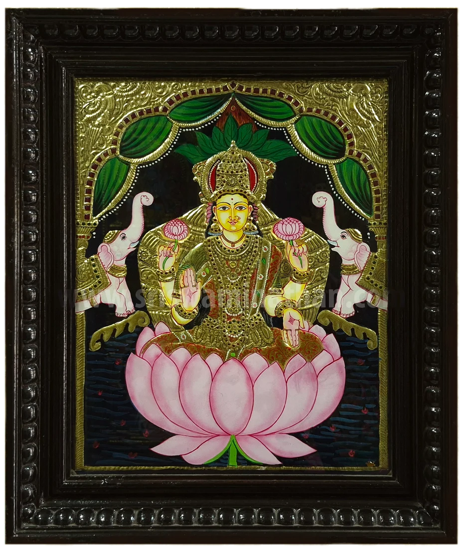 Lotus Gajalakshmi Tanjore Painting | 22K Gold Foil | Full Gold Background | 15 x 12 Inch | Sri Swaminathan & Co