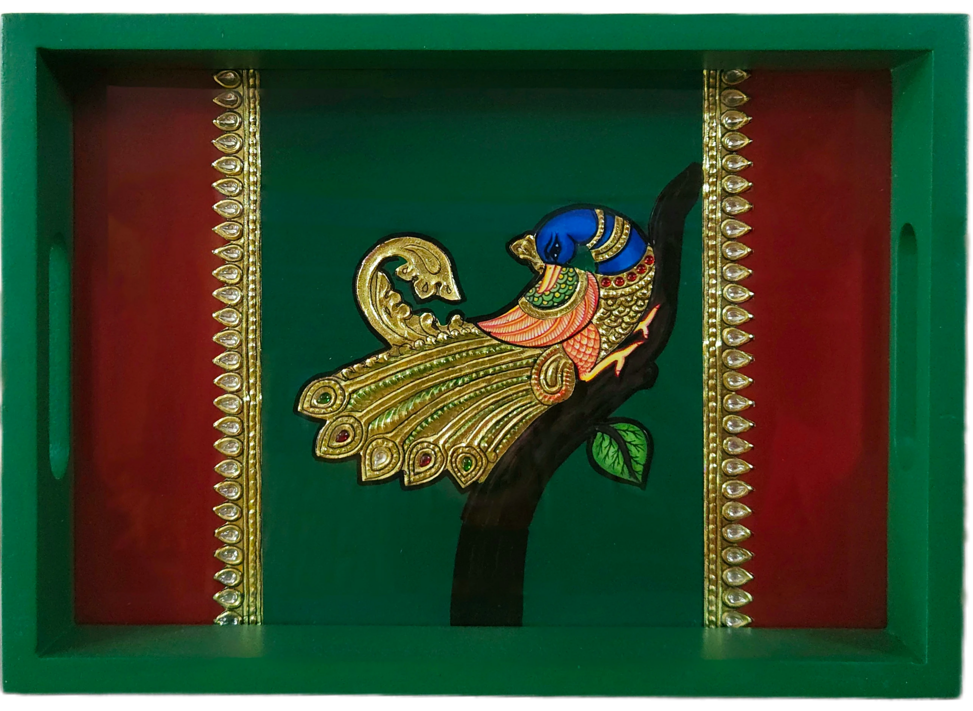Peacock Tanjore Art Serving Tray | Synthetic Foil | Teal Variant | Sri Swaminathan & Co