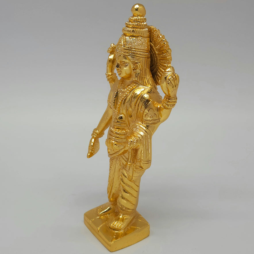 Premium Brass standing Lord Dhanvantari statue 7.5 inch 19cm 45 degree front left corner view highlighting layered amrita kalash