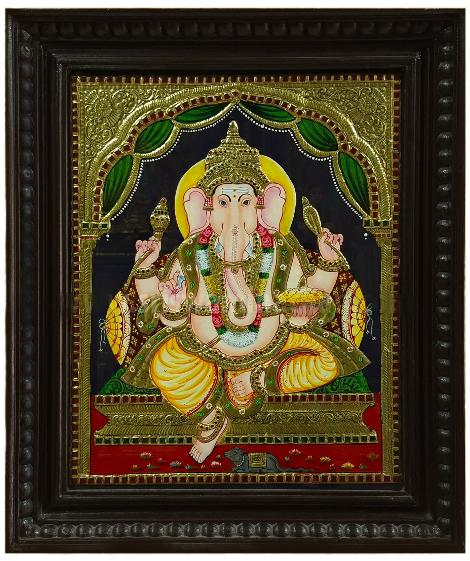 Raja Ganapathi Tanjore Painting | 22K Gold Foil | Close-up Detail | 15 x 12 Inch | Sri Swaminathan & Co