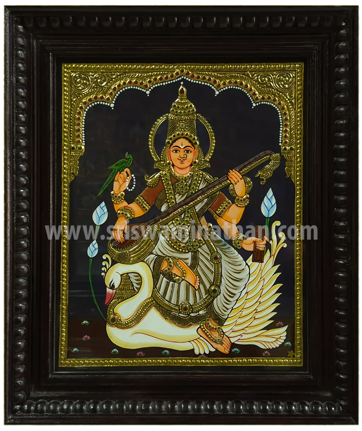 Saraswathi Tanjore Painting | Veena Saraswathi on Swan | 3D Mukku Relief Detail | Classical Tanjore Art | 15 x 12 Inch | Sri Swaminathan & Co