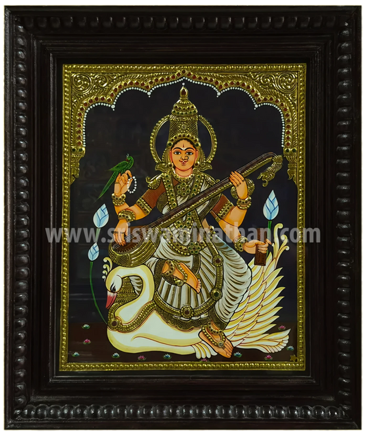 Saraswathi Tanjore Painting | Veena Saraswathi on Swan | 3D Mukku Relief Detail | Classical Tanjore Art | 15 x 12 Inch | Sri Swaminathan & Co