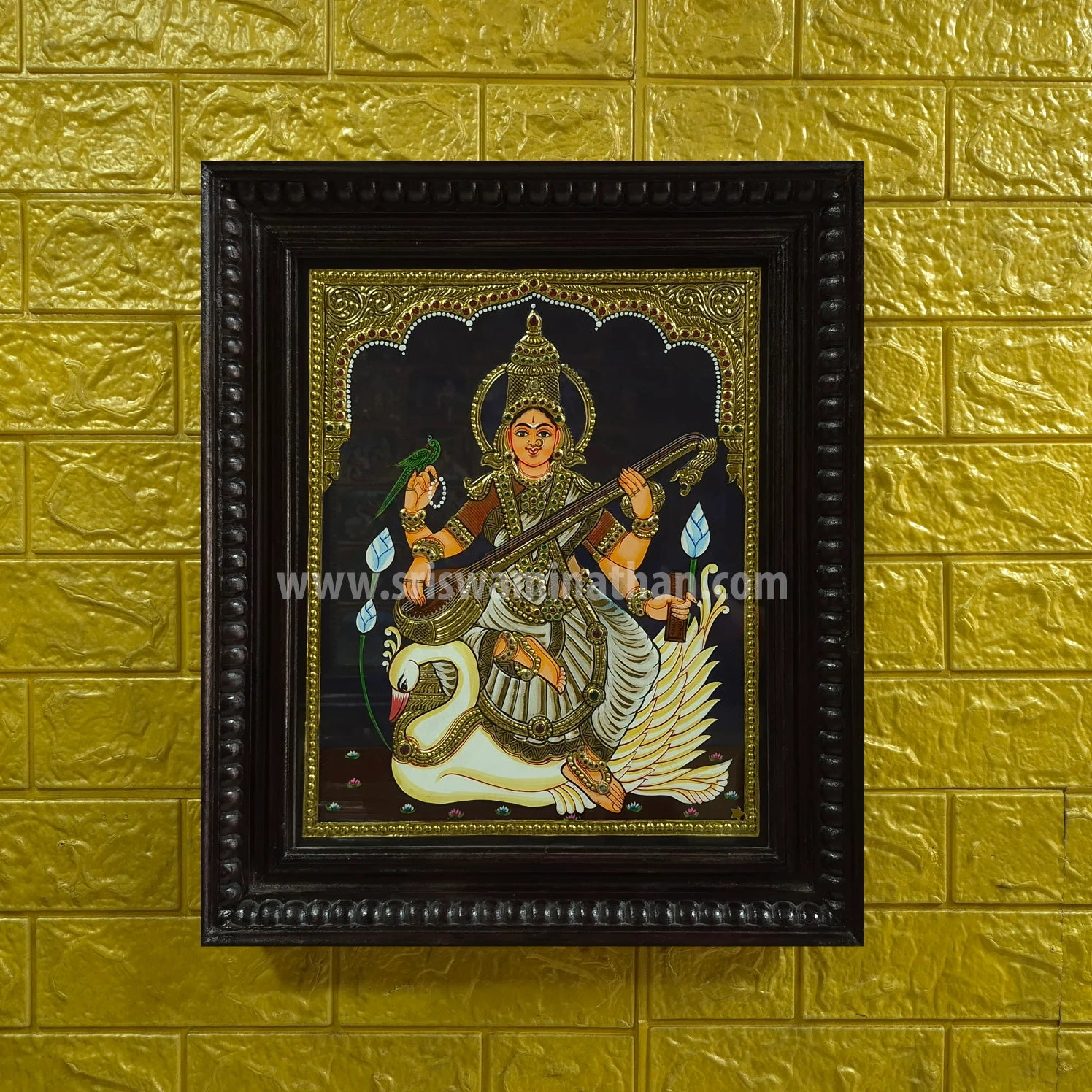 Saraswathi Tanjore Painting | Veena Saraswathi on Swan | Classical Tanjore Art | Framed on Wall | 15 x 12 Inch | Sri Swaminathan & Co