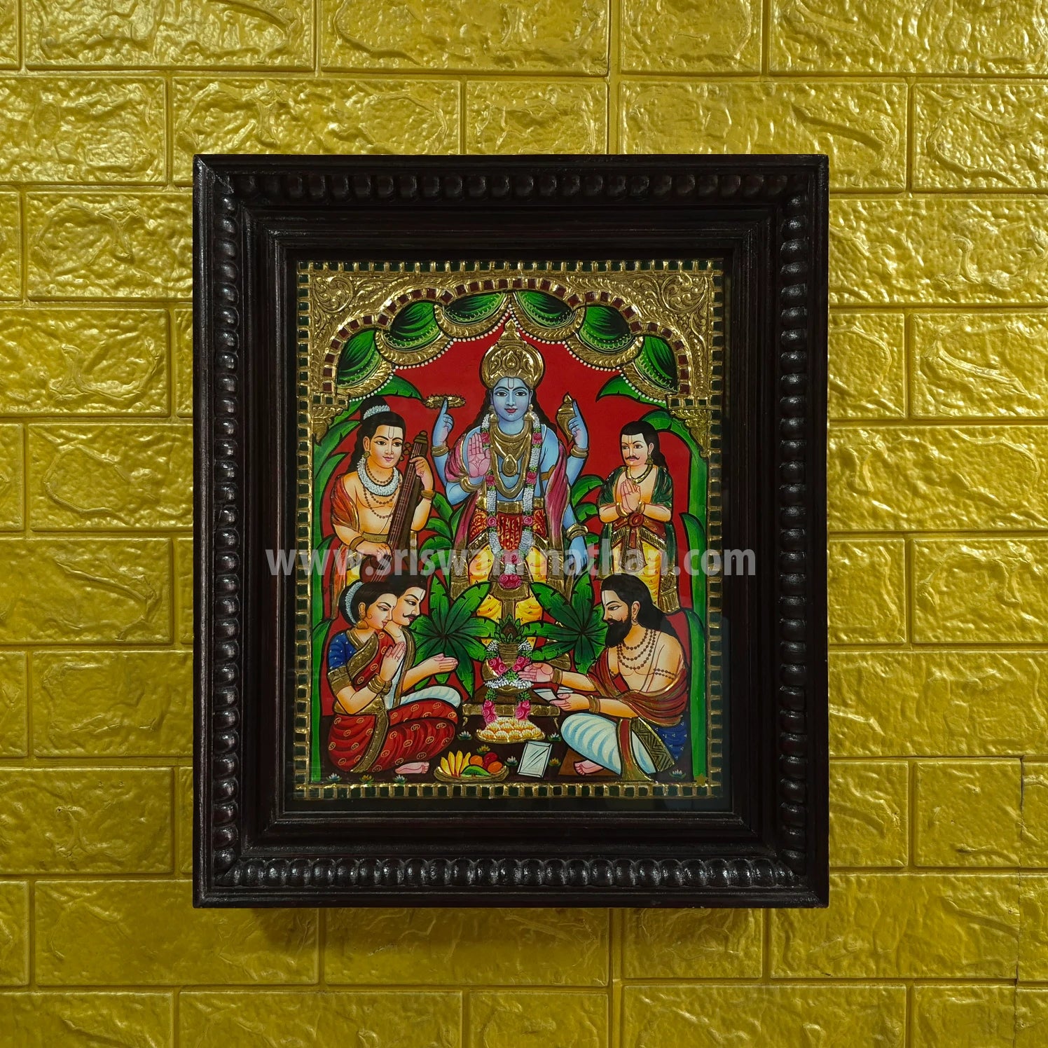 Sathyanarayana Pooja Tanjore Painting | Classical Tanjore Art | Close-up Detail | 15 x 12 Inch | Sri Swaminathan & Co