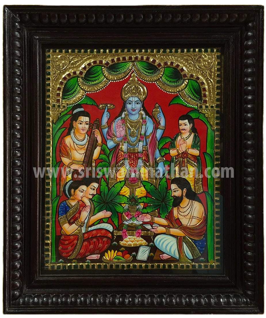 Sathyanarayana Pooja Tanjore Painting | Lord Vishnu with Devotees | Classical Tanjore Art | 15 x 12 Inch | Sri Swaminathan & Co
