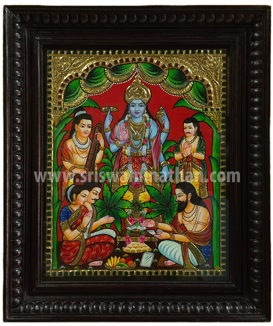 Sathyanarayana Pooja Tanjore Painting | Lord Vishnu with Devotees | Classical Tanjore Art | 15 x 12 Inch | Sri Swaminathan & Co