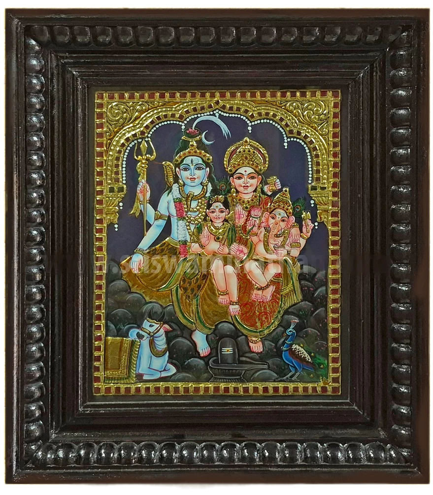 Shiva Parvati Family Tanjore Painting | 22K Gold Foil | Shiva Parivaar on Kailash | 12 x 10 Inch | Sri Swaminathan & Co