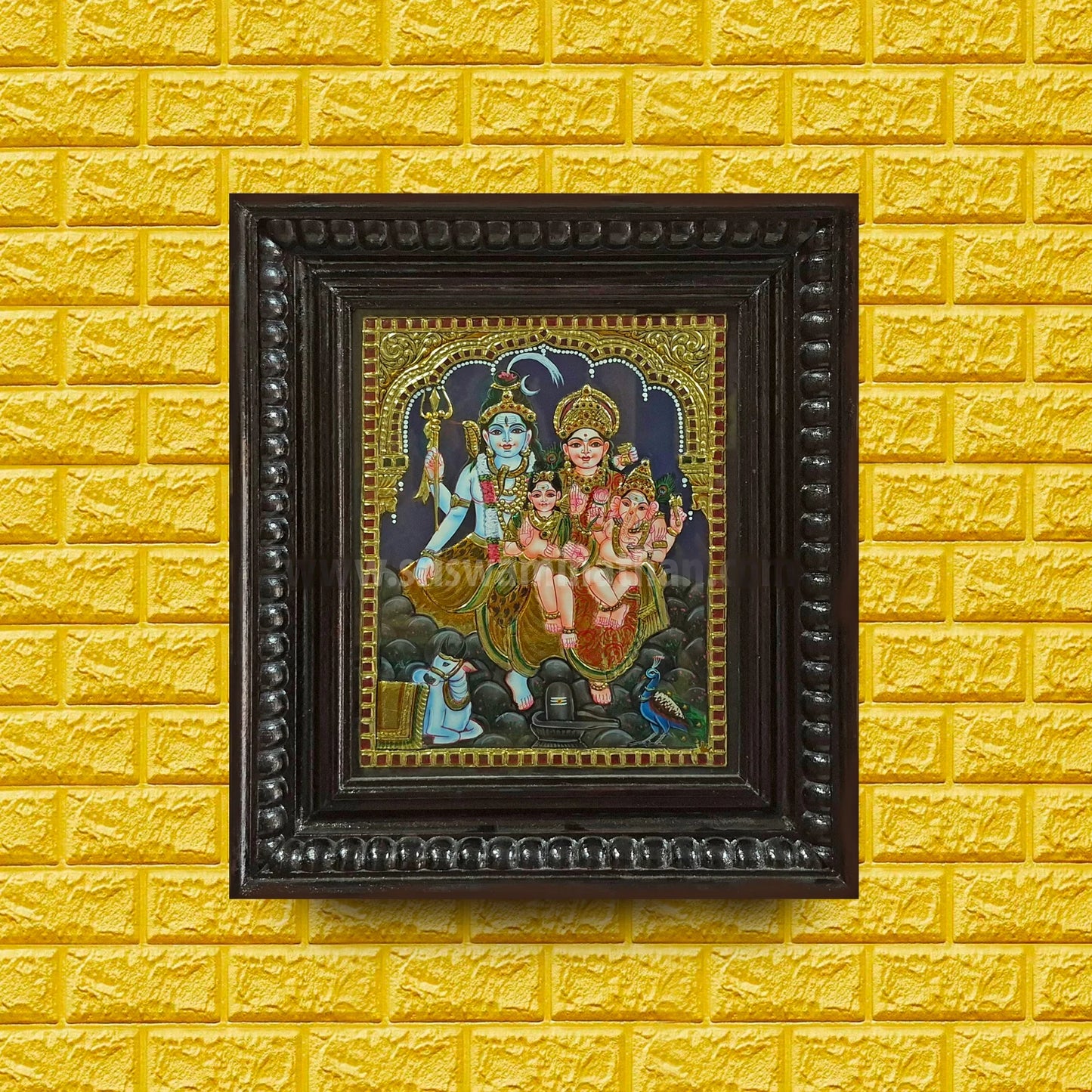 Shiva Parvati Family Tanjore Painting | 22K Gold Foil | Framed on Wall | 12 x 10 Inch | Sri Swaminathan & Co