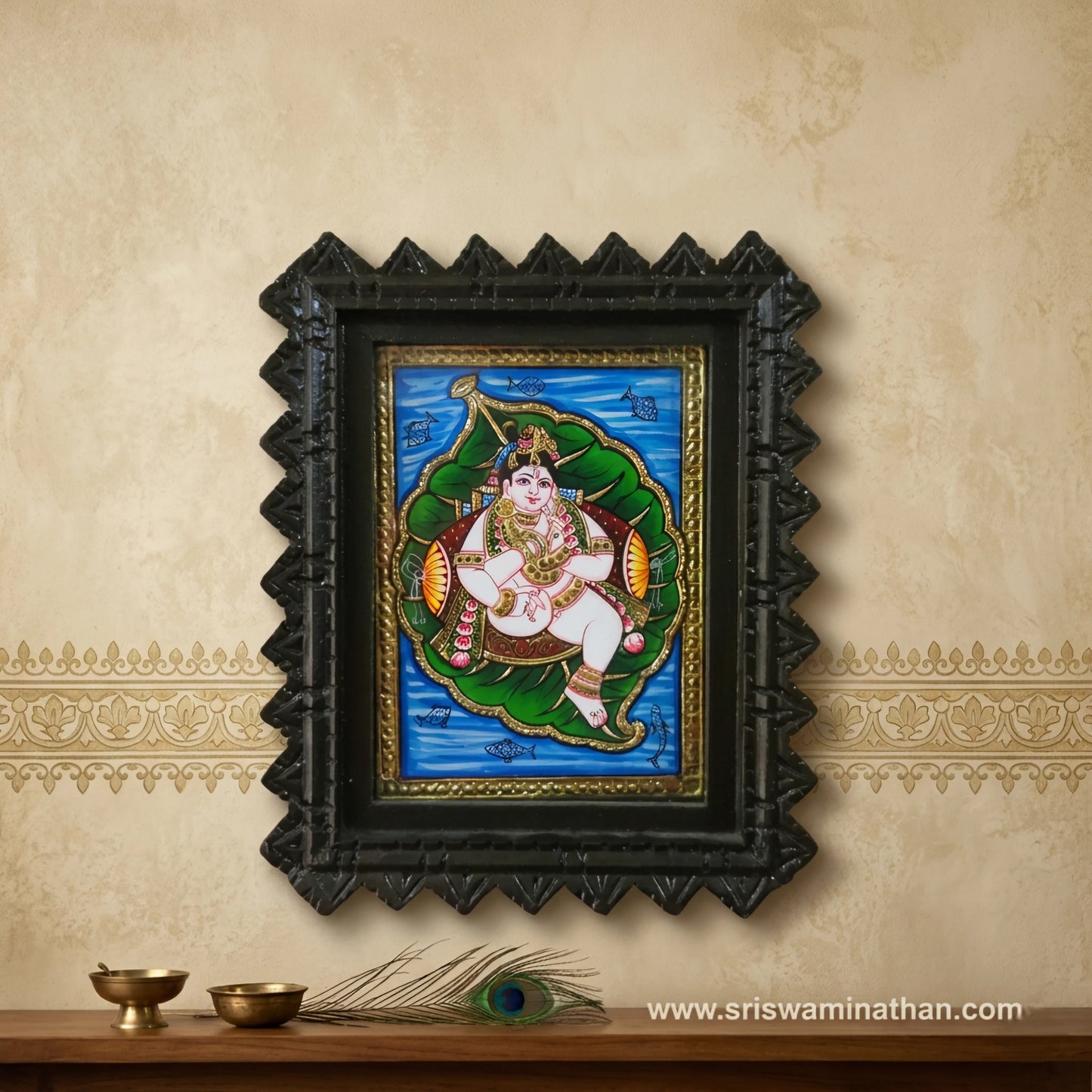 8 x 6 Inch Lifestyle 22k Gold Foil Beetle Krishna Tanjore painting with Brass Lamps From Sri Swaminathan & Co