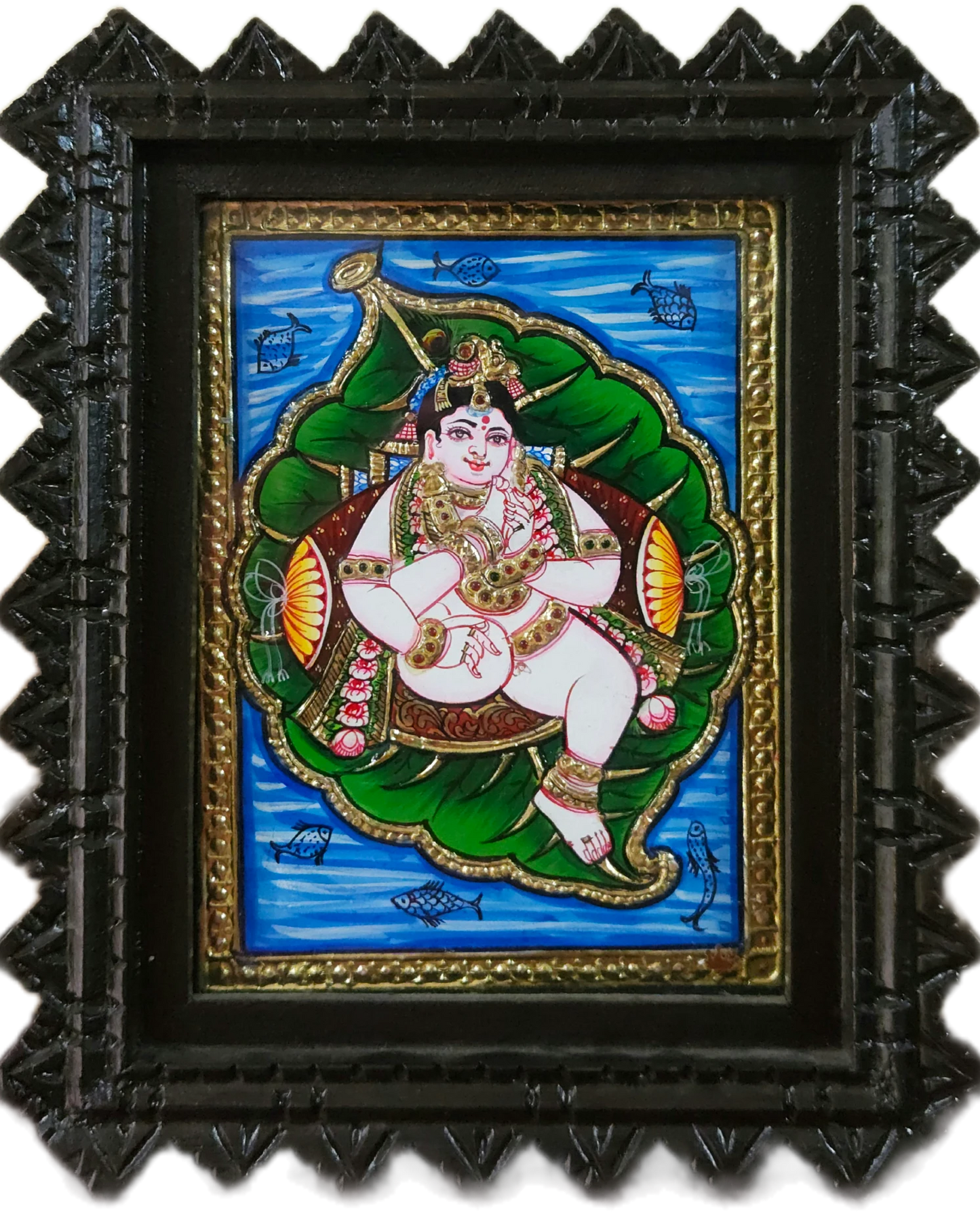 Baby Krishna on Lotus Leaf Floating On Water Classical Tanjore Art 8 x 6 Inch Sri Swaminathan & Co