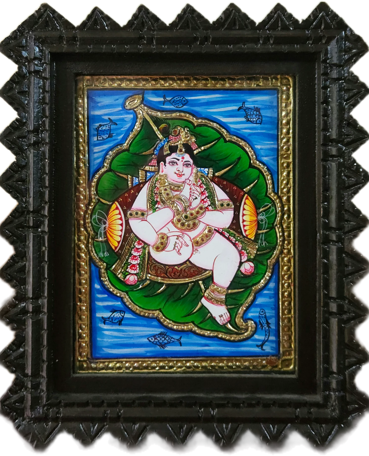 Baby Krishna on Lotus Leaf Floating On Water Classical Tanjore Art 8 x 6 Inch Sri Swaminathan & Co