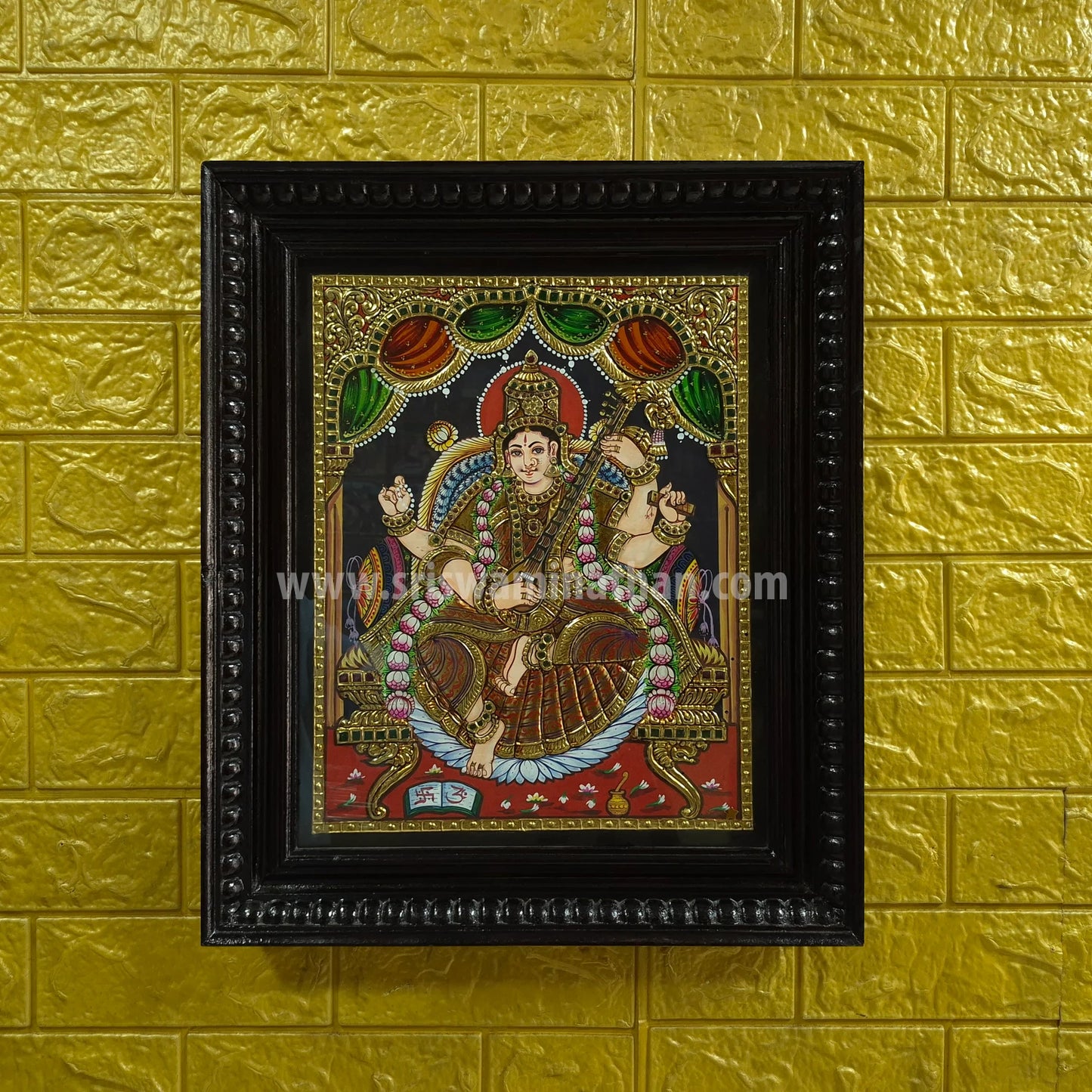 Veena Saraswathi Tanjore Painting | Red Saree | Classical Tanjore Art | Framed on Wall | 15 x 12 Inch | Sri Swaminathan & Co