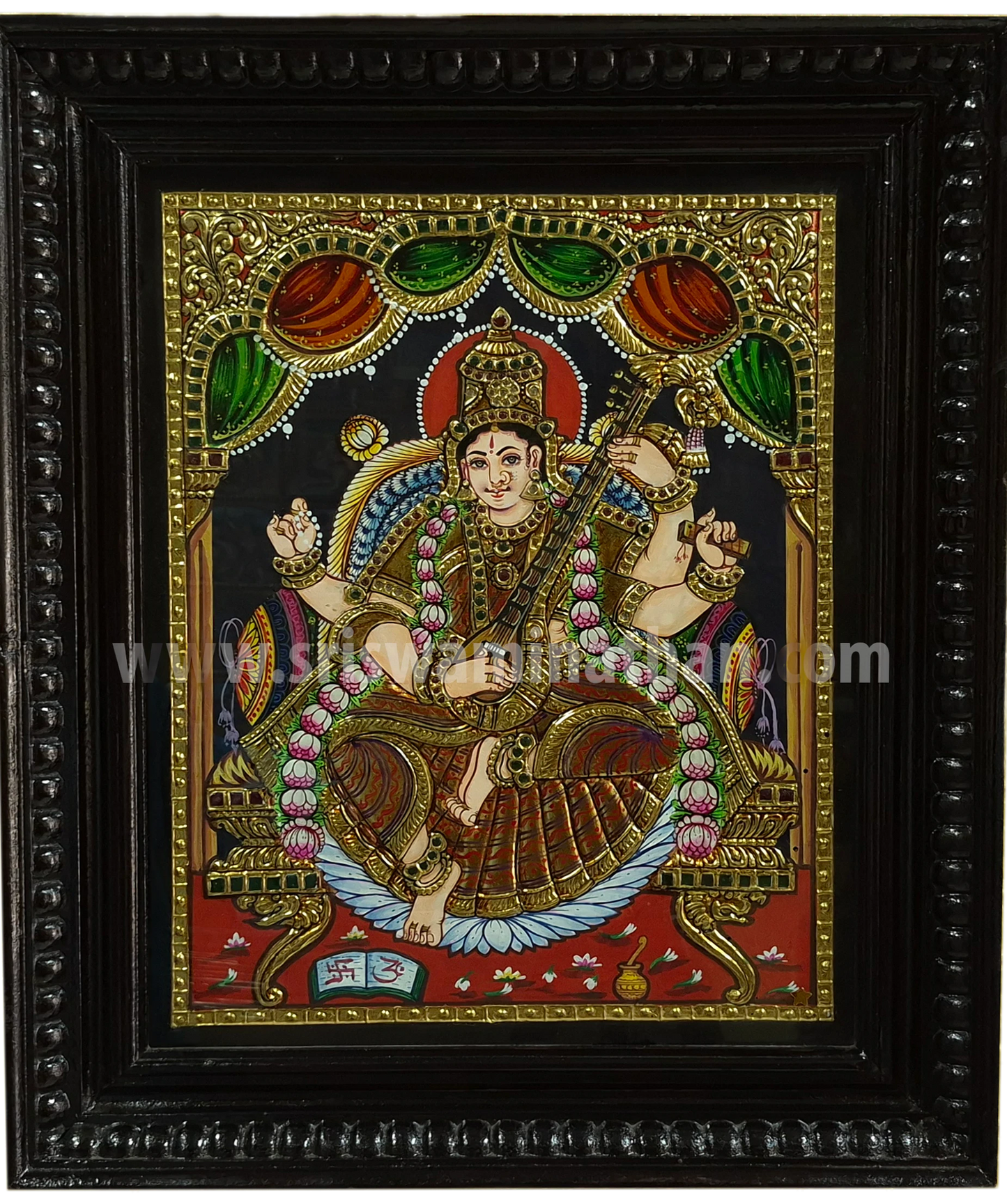 Veena Saraswathi Tanjore Painting | Red Saree | Royal Throne | Classical Tanjore Art | 15 x 12 Inch | Sri Swaminathan & Co