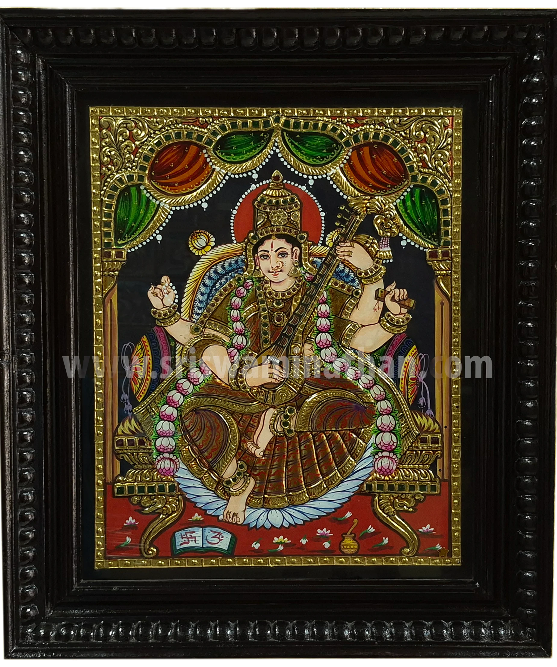 Veena Saraswathi Tanjore Painting | Red Saree | Royal Throne | Classical Tanjore Art | 15 x 12 Inch | Sri Swaminathan & Co