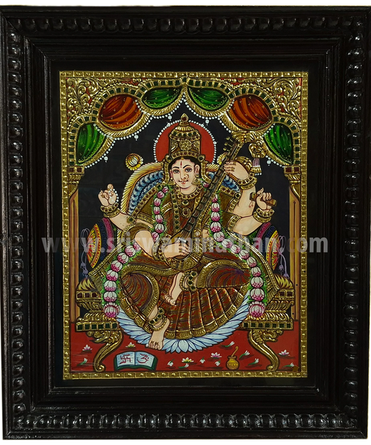 Veena Saraswathi Tanjore Painting | Red Saree | Royal Throne | Classical Tanjore Art | 15 x 12 Inch | Sri Swaminathan & Co