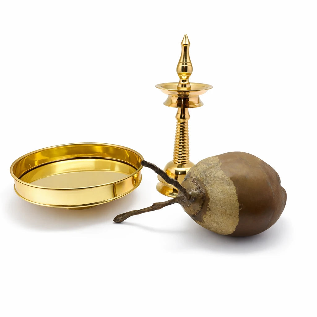 Vishu Kani Heritage Set – Brass Vilakku Uruli and Bronze Coconut