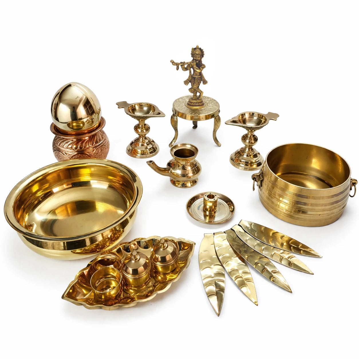 Vishu Kani Premium Set – 15 Piece Brass Pooja Combo with Krishna Idol