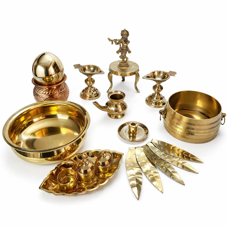 Vishu Kani Premium Set – 15 Piece Brass Pooja Combo with Krishna Idol