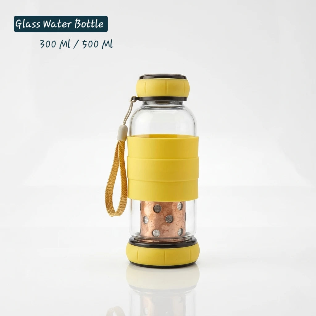 Yellow Glass Water Bottle with Copper Filter 550ml for College Students and Office Use