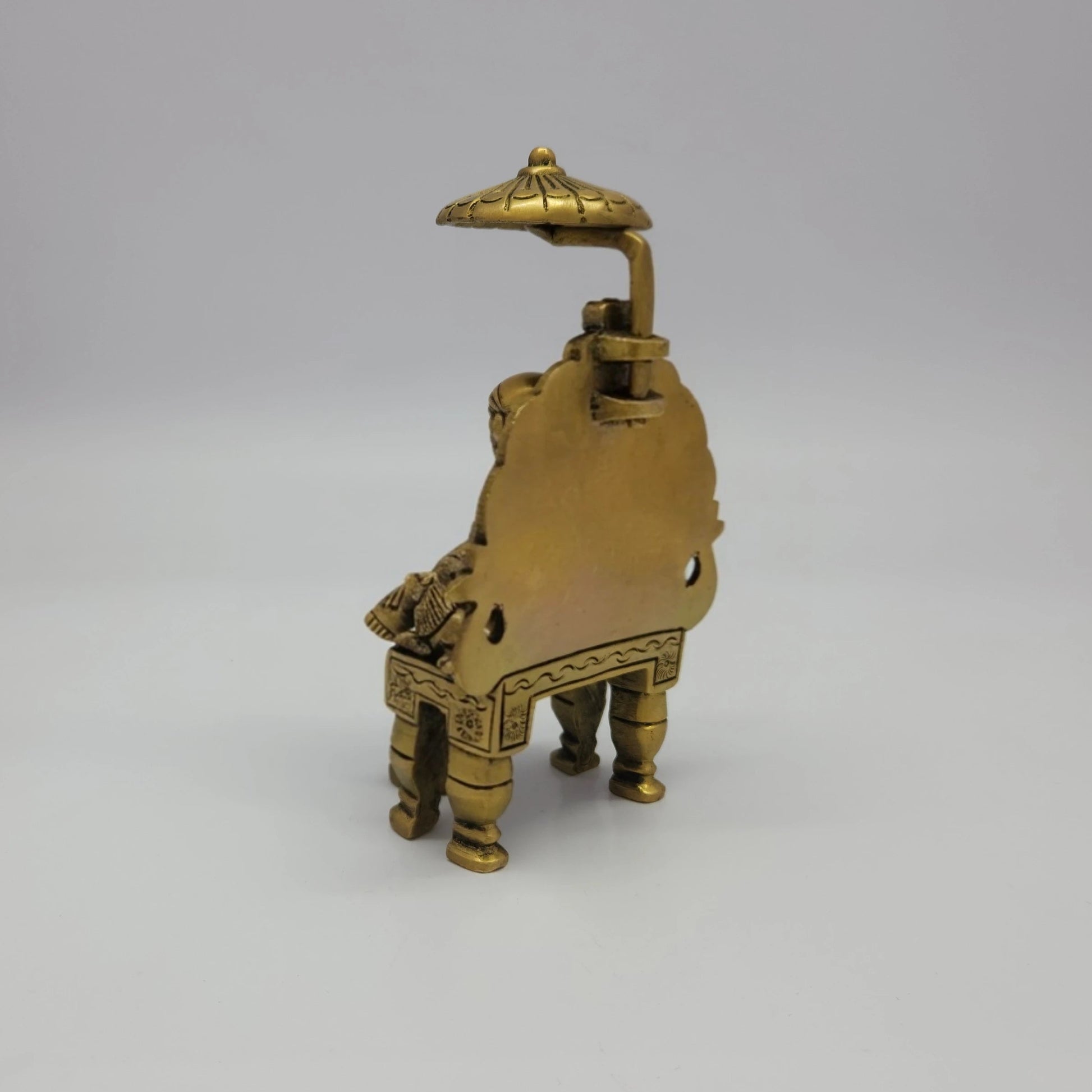 Antique Brass Shirdi Sai Baba Statue 45 degree rear left profile showing throne structure