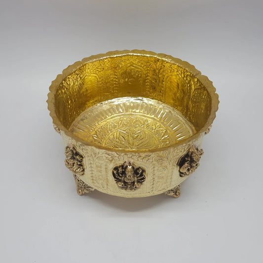Ashtalakshmi Abhisheka Patram Brass Gaja Lakshmi Medallion Front Angle Rose Legs Deity Bathing Bowl Vastu Urli
