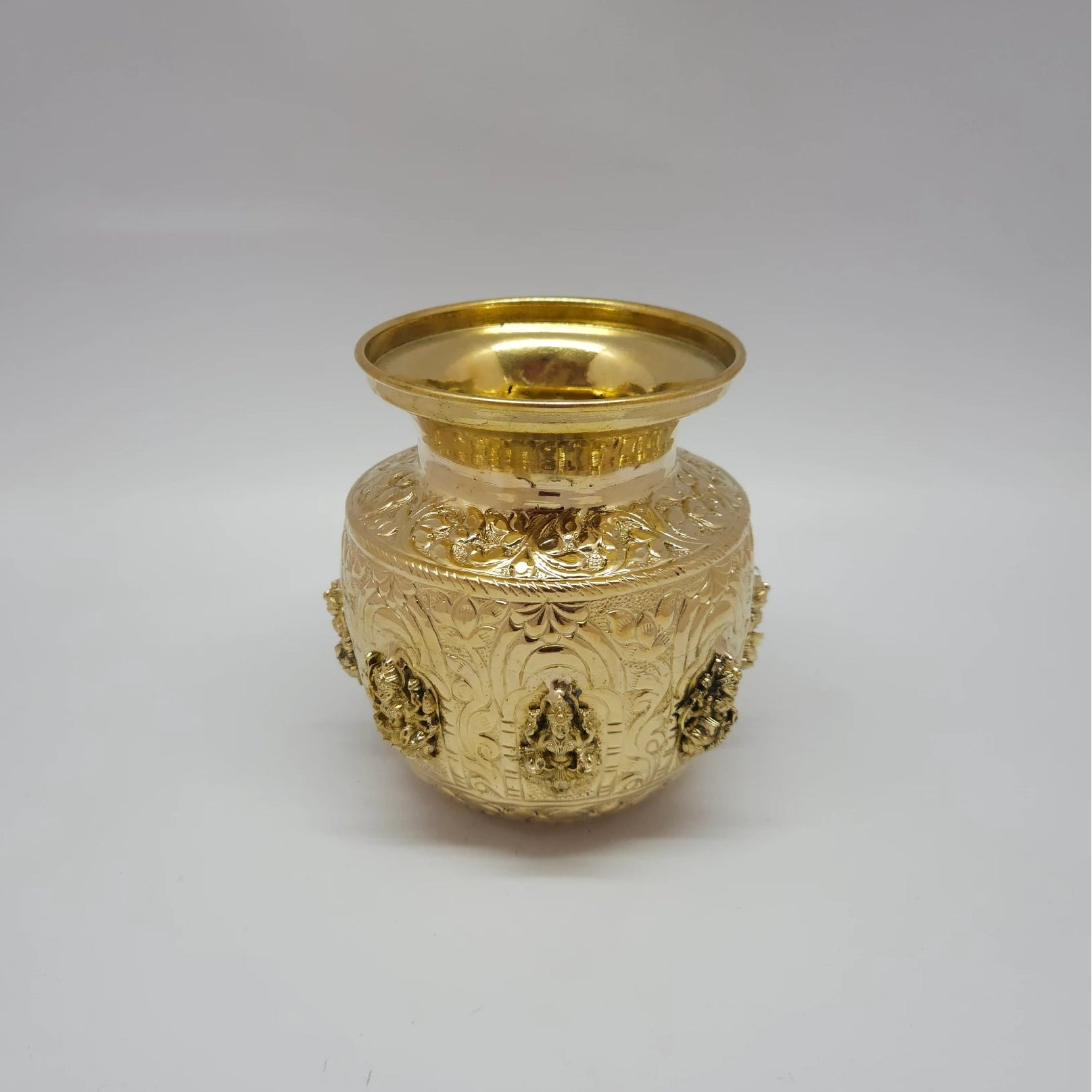 Ashtalakshmi Brass Kalash Kumbakonam Angled Top View Flared Rim Lakshmi Medallions Rope Twist Band Puja Lota Sri Swaminathan