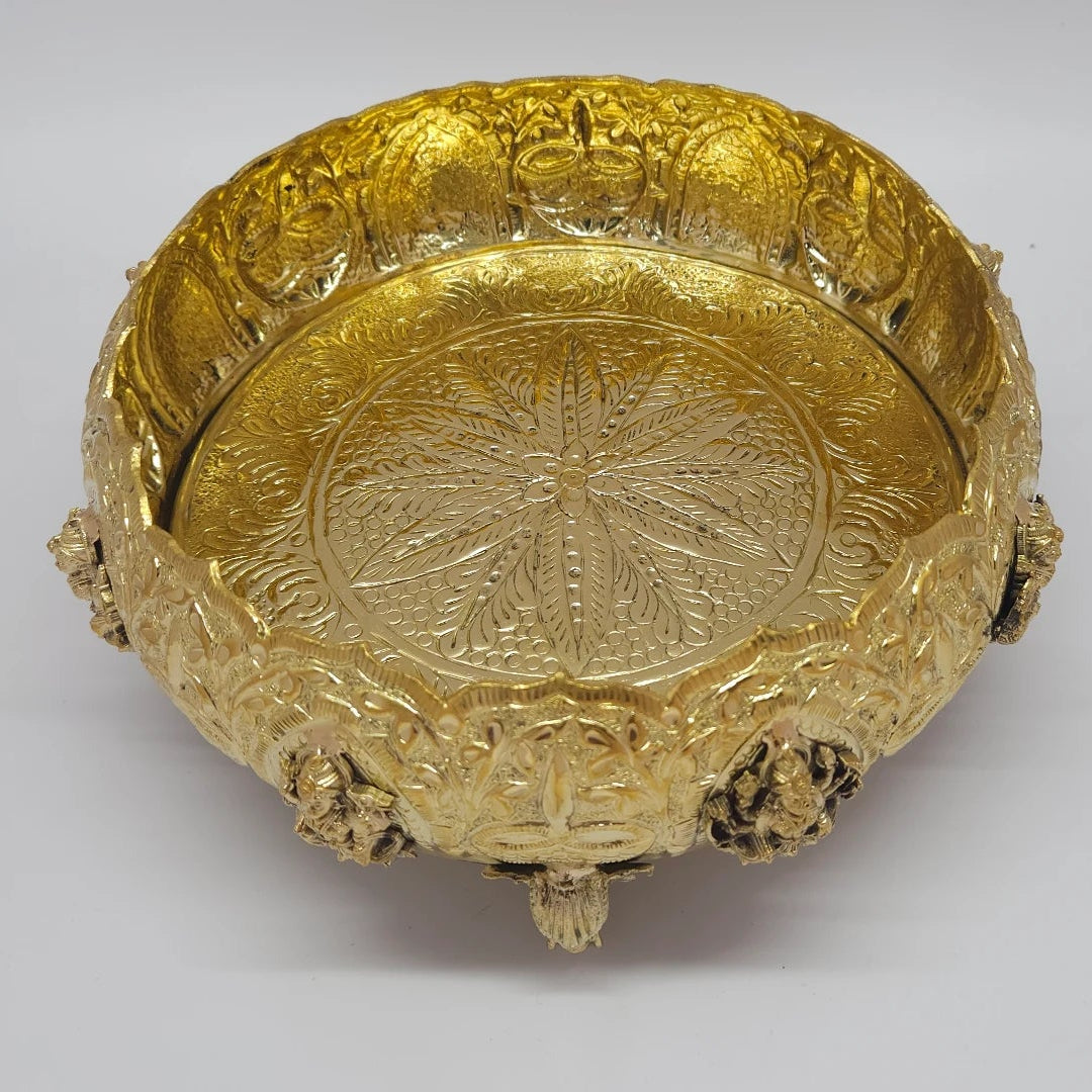 Ashtalakshmi Brass Urli Elephant Head Legs Interior Lotus Star Engraving Top Angle View Kshira Sagara Bowl Sri Swaminathan