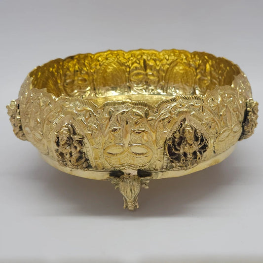 Ashtalakshmi Brass Urli Gaja Lakshmi Panel Elephant Head Diggaja Legs Front Angle Vastu Pooja Bowl Sri Swaminathan