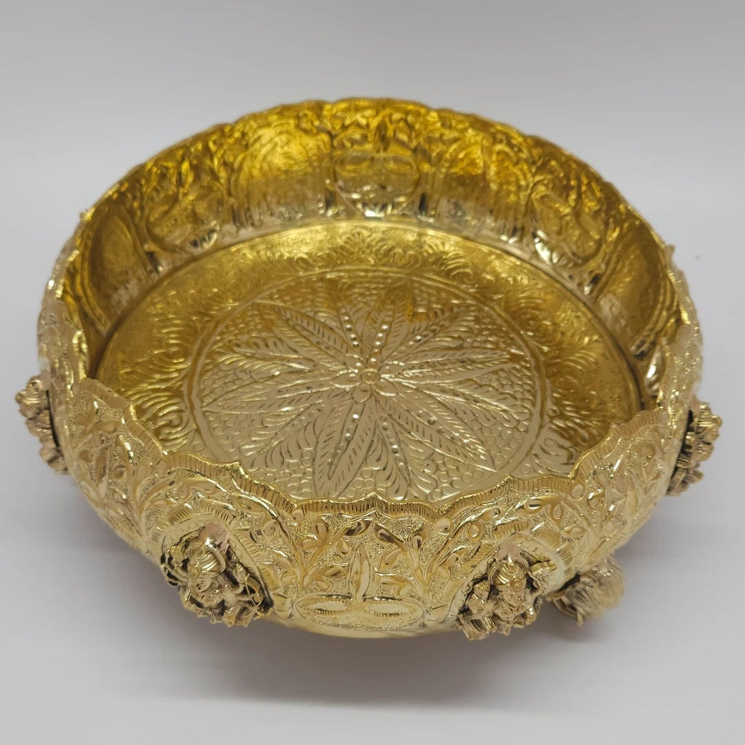 Ashtalakshmi Brass Urli Mahalakshmi Arch Panel Elephant Head Legs Side View Panchabhutas Pooja Vessel Yaanai Muga Uruli