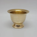 Close up front profile shot of a large size pure brass chandan pyali and gandham ginni cup highlighting the wide rim and pedestal base.